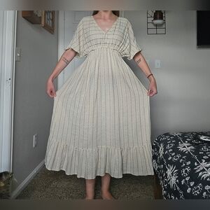 World Market Cream V-Neck Tiered Maxi Dress with Subtle Stripe